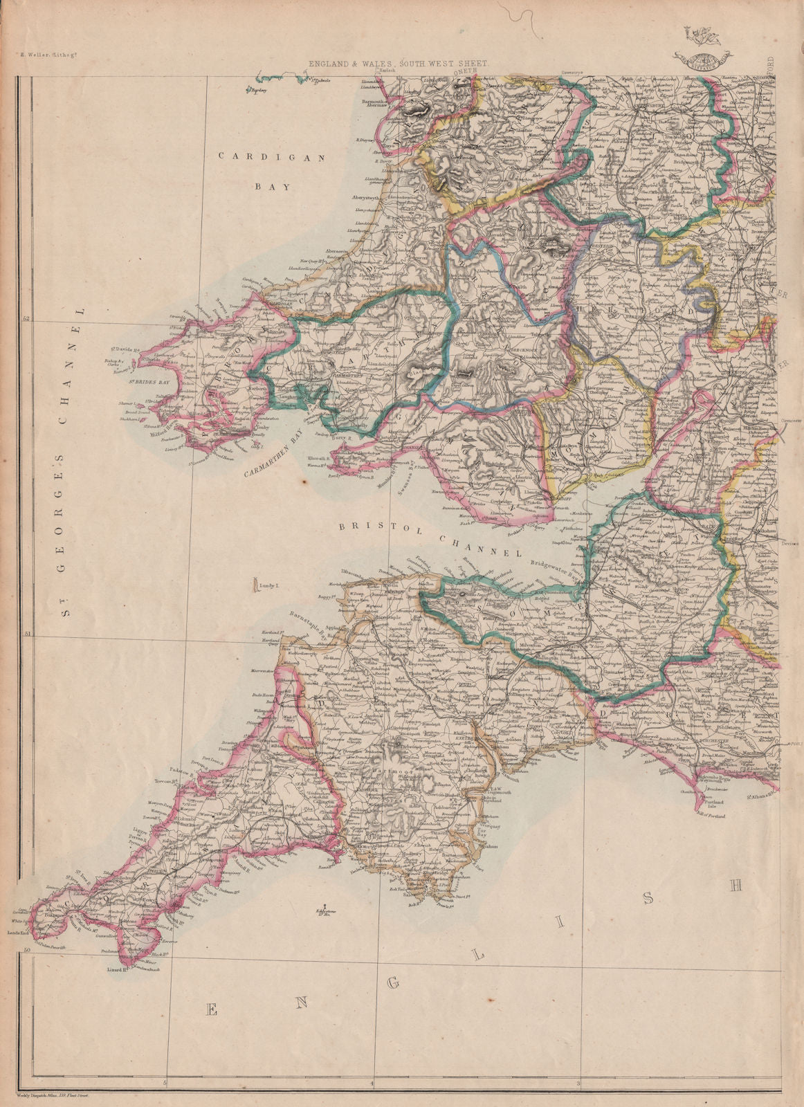 SOUTH WEST ENGLAND & S. WALES. Devon Cornwall Somerset. WELLER 1863 old map